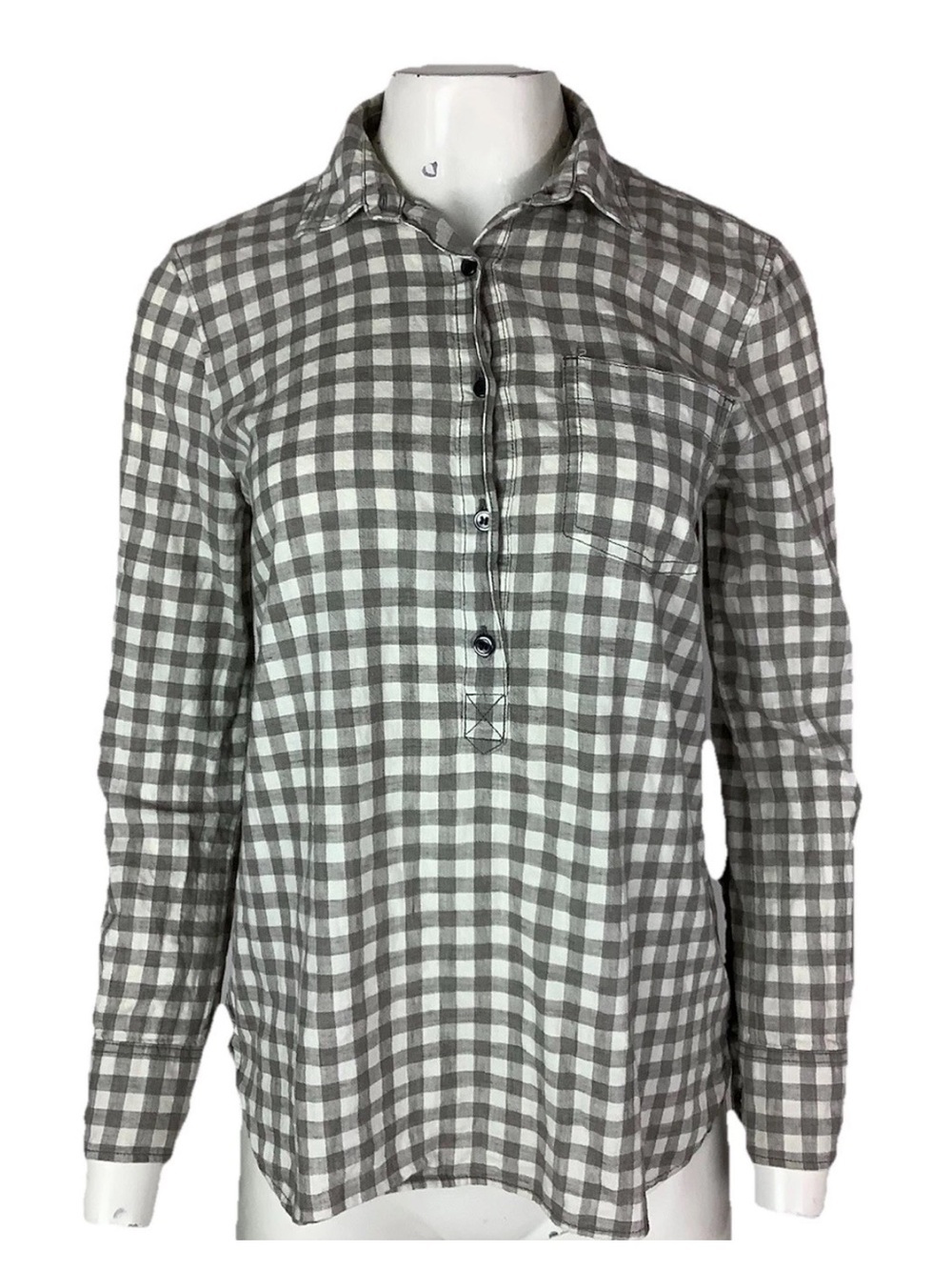 J Crew Sz XS 100% Cotton Gray Buffalo Print Popover Long Sleeve Casual Top